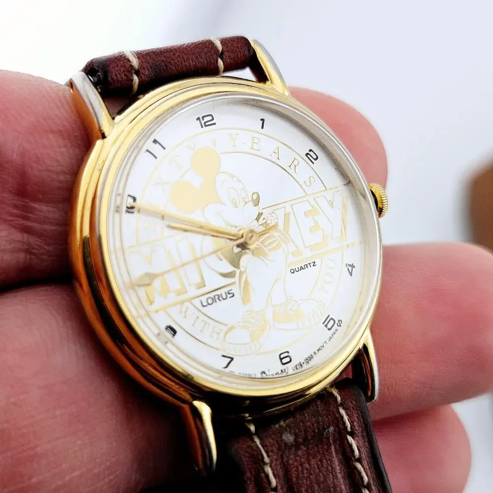 Vintage Disney Mickey Mouse 60 Year Wrist Watch Gold Tone Brown Leather Band